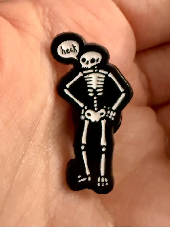 NWOT Black Skeleton Lapel Enamel Pin Brooch Skull Halloween Goth “Heck” Quote