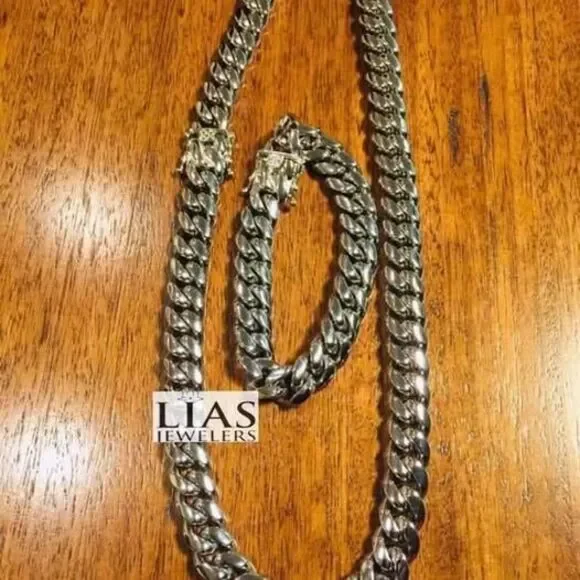 New 18k white gold filled Cuban link chain and bracelet set