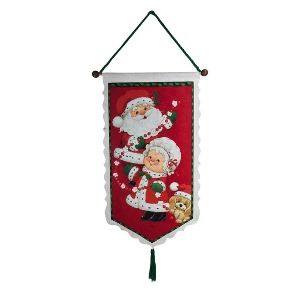 Vintage 80s Morehead Inc Santa Mrs Claus Puppy Felt Banner Wall Hanging 21x12