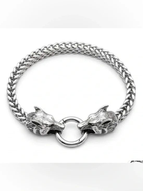 Men's Stainless Steel double Wolf Head Chain Bracelet - Bold Statement Jewelry