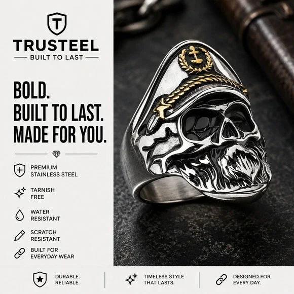 Men’s 316L Stainless Steel biker Captain skull hypoallergenic Ring Size 14