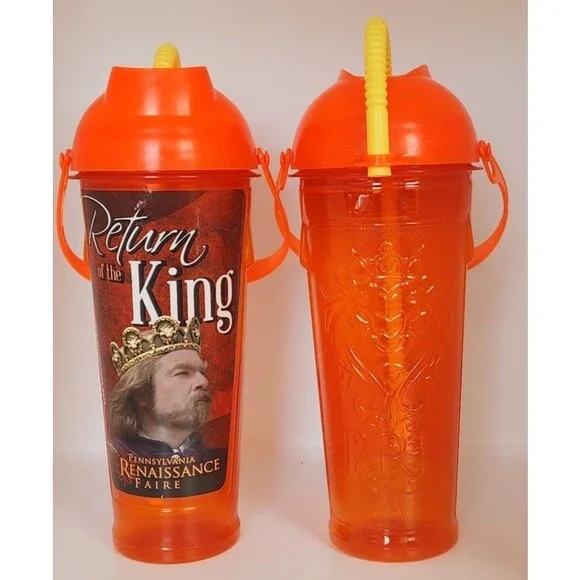 PA Renaissance Faire 2015 Souvenir Cup 2pc Set Pair Embossed Logo Plastic Orange