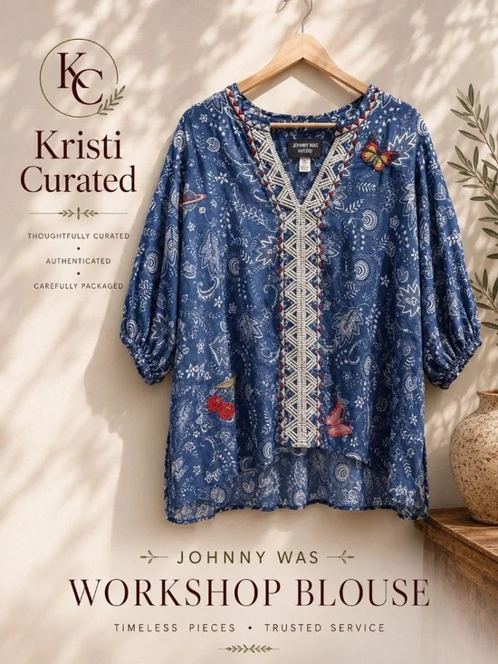 Johnny Was Workshop Embroidered Butterfly Puff Sleeve Blouse XXL Blue Ramie