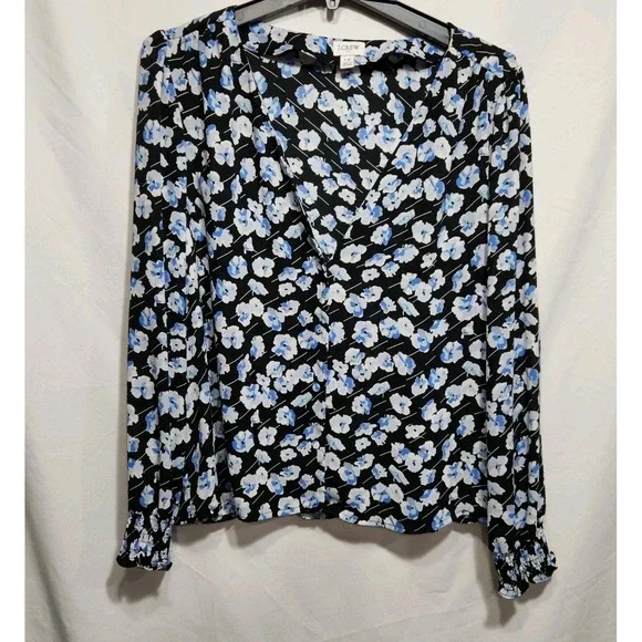J. Crew Floral Print‎ Long Sleeve V-Neck Button Down Blouse Blue White Size 12