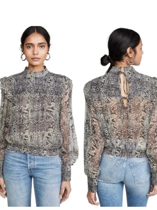 Free‎ People Roma Smocked Tie Back Puff Sleeve Top Snakeskin Black Grey Small