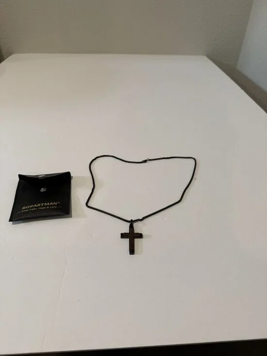 ROPARTMAN Wood and Black Steel Cross Pendant Necklace with Pouch Men's