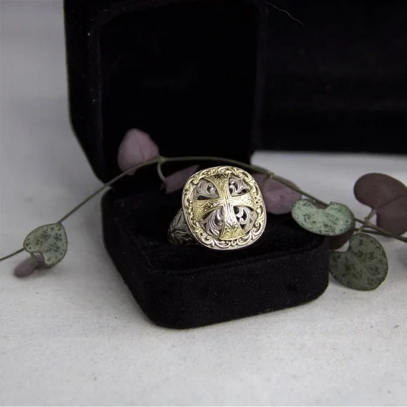 Konstantino Sterling Silver 18k Gold Maltese Cross Filigree Ring Size 12.5