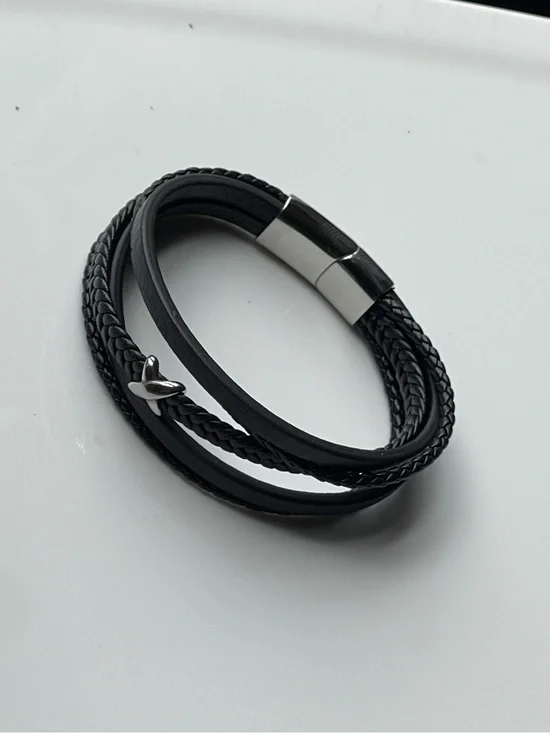 Black Multi-Strand Leather Men's Bracelet with Magnetic Clasp