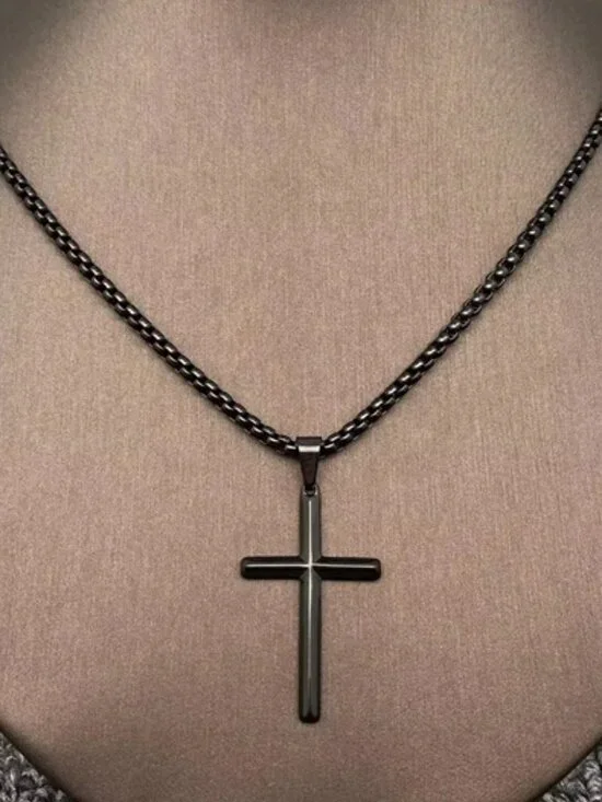 DESIGNER Goth Cross Black Plated Stainless Steel Chain Men's Necklace**NEW!