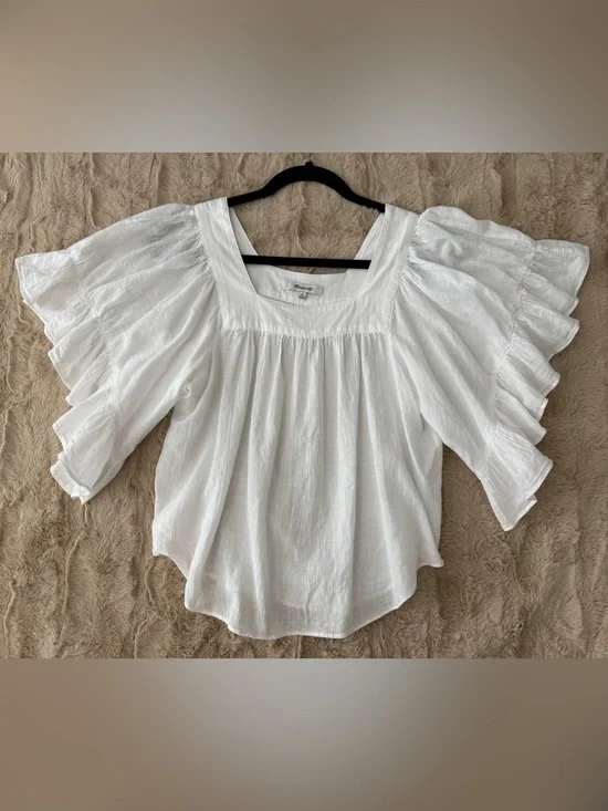 Madewell | White Square-Neck Butterfly-Style Flutter-Sleeve Blouse 100% Cotton