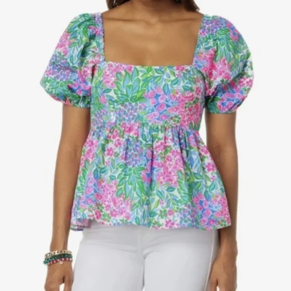 Lilly Pulitzer Kay Puff Sleeve Top - Multi A Cherry On Top Pattern sz 2