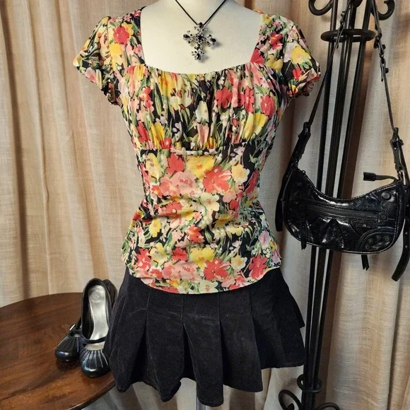 Y2K Ann Taylor LOFT Petites Floral Square Neck Top LP Empire Waist