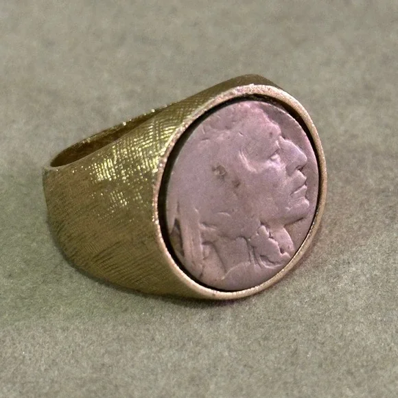 Vintage Buffalo Nickel‎ Coin Ring Gold Tone Textured Signet Band Size 10.5 Men