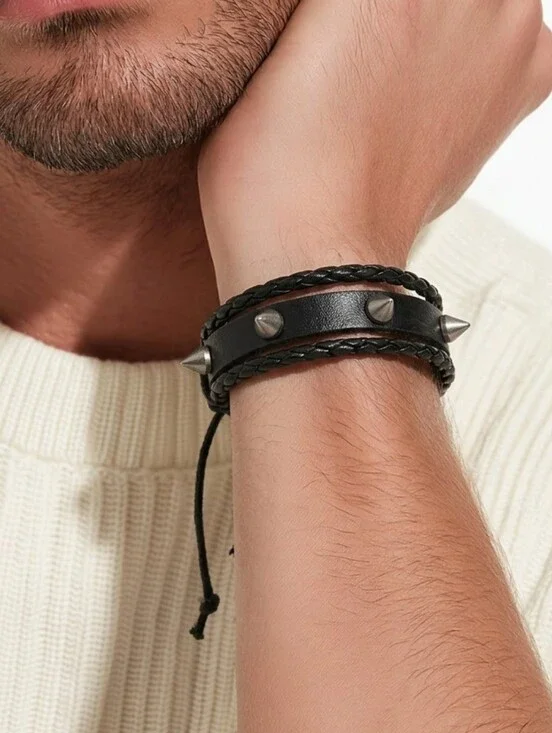Men’s Punk Spiked Faux Leather Bracelet Adjustable Edgy Statement Layered Casual