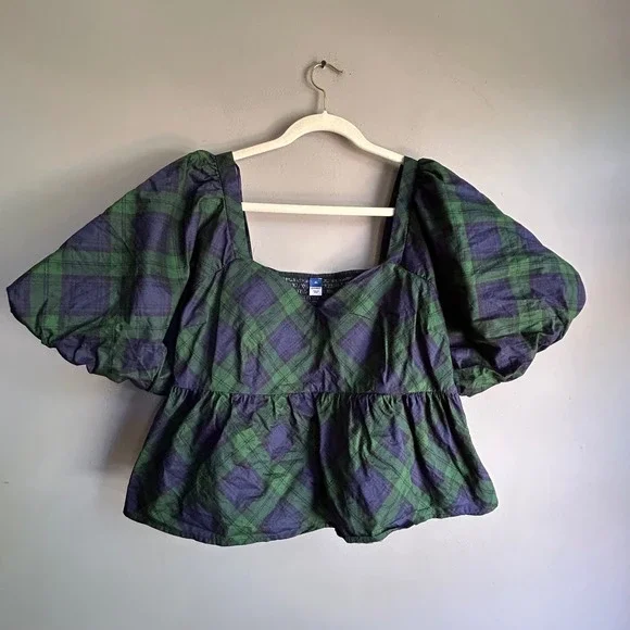 Old Navy Womens XL Green Navy Plaid‎ Puff Sleeve Smocked Peplum Blouse Top