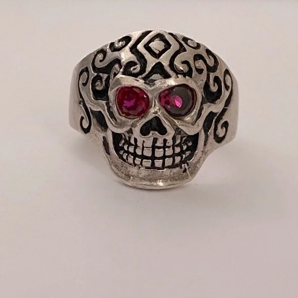 925 sterling silver biker skull ring red cubic zirconia cz stones eyes