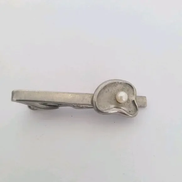 German Silver Tone Tie Bar Clip‎ Stick Clasp Pearl Unbranded Vintage