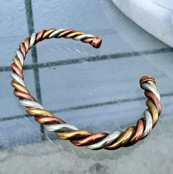 Copper Twist Cuff Bracelet Southwest Silver Brass Vintage Mixed Metal Rope Mens