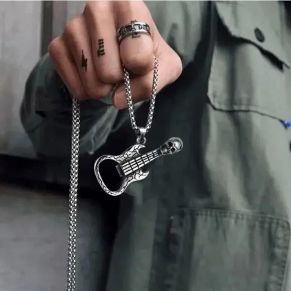 SILVER SKULL GUITAR BOTTLE OPENER NECKLACE