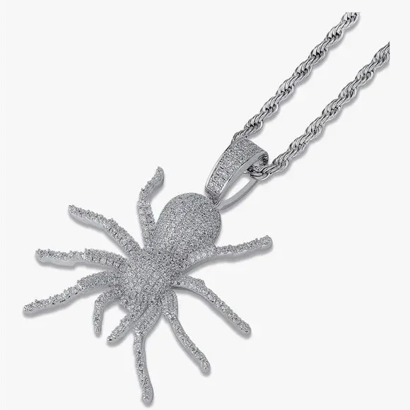 Iced Out Spider Pendant Necklace + Simulated Diamond Micropave Silver Rope Chain