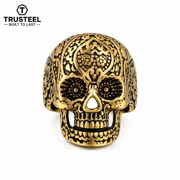 Gold Skull Ring 316L Stainless Steel Sugar Skull Gothic Biker Men’s ring size 13