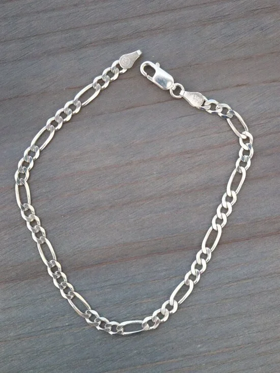 S925 4mm Figaro Link Chain Bracelet Sterling Silver Stamped