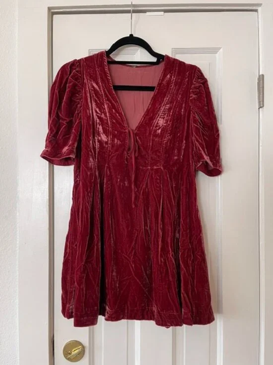 Free People Berry Red Ivy Crushed Velvet Tie Front Puff Sleeve Mini Dress Small