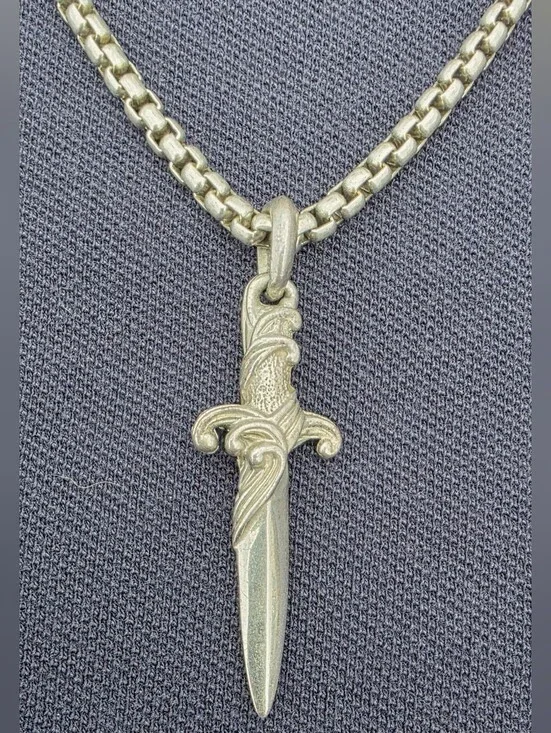 David Yurman Sterling Silver Dagger Pendant Necklace-3.6mm Box Chain Brand New