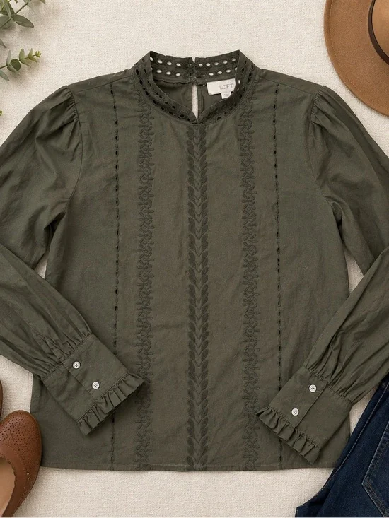 LOFT Olive Green Embroidered Eyelet Puff Sleeve Blouse Medium