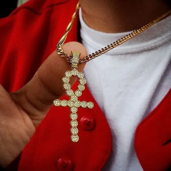 Lab Diamond Cluster Ankh Necklace