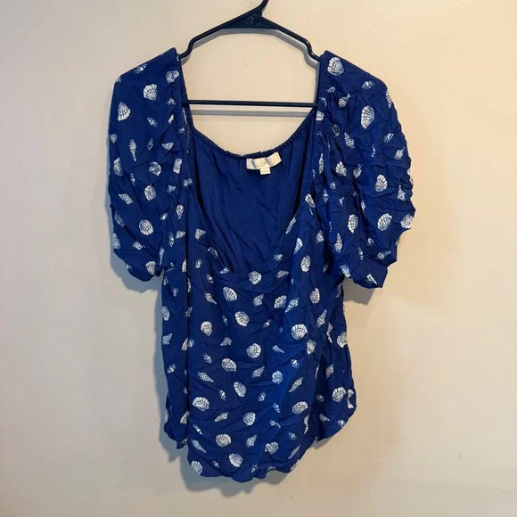 LOFT Womens XXL Blue White Seashell Print Puff Sleeve Square Neck Rayon Blouse