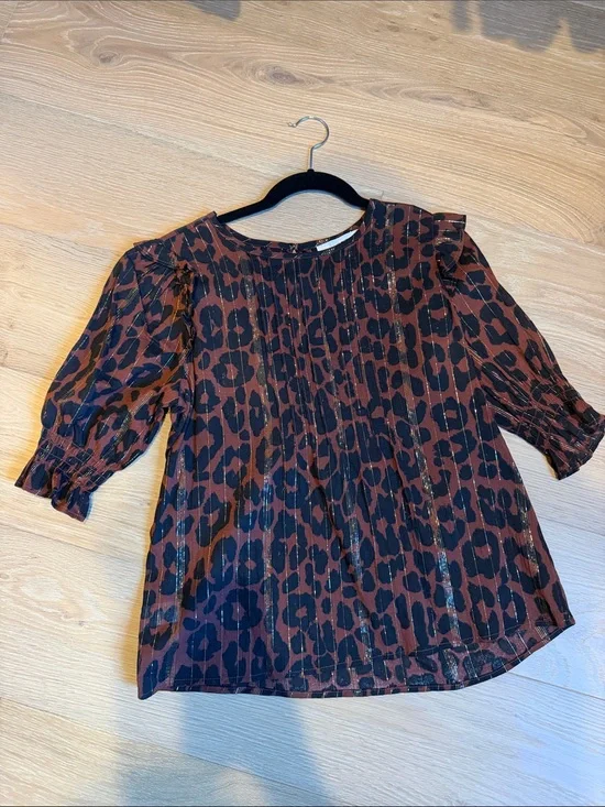 LOFT Brown and Black Leopard Print Puff Sleeve Blouse