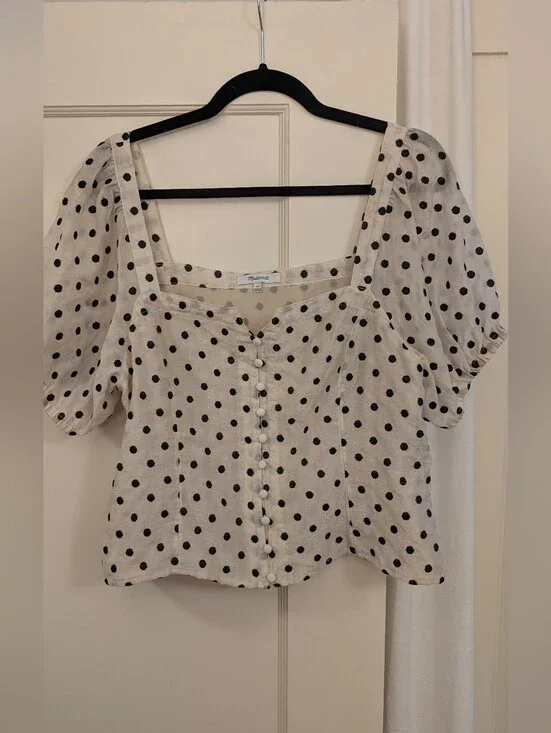 Madewell Polka Dot Puff Sleeve Button-Front Top - Cream/Black
