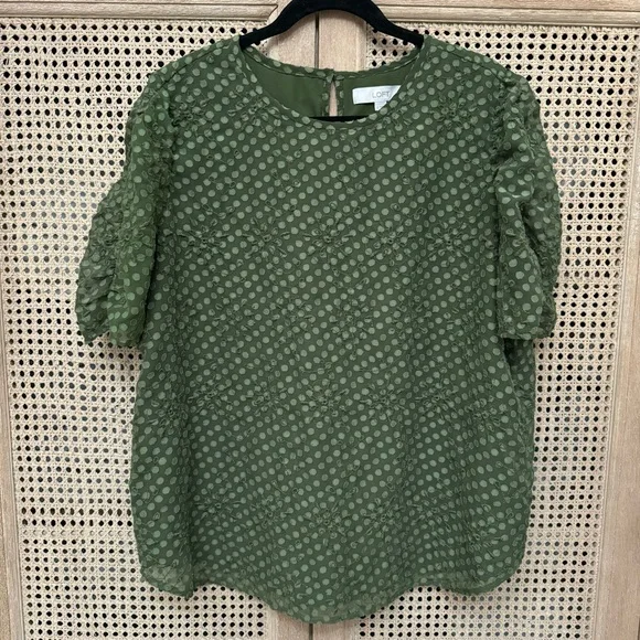 Loft Womens Green Polka Dots Puff Short Sleeve Blouse Top Size L
