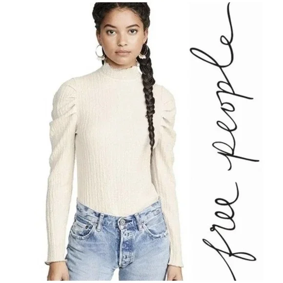 FREE PEOPLE Women Ela Mock Neck Puff Sleeve Long Sleeve Top‎ Sz M Ivory Boho