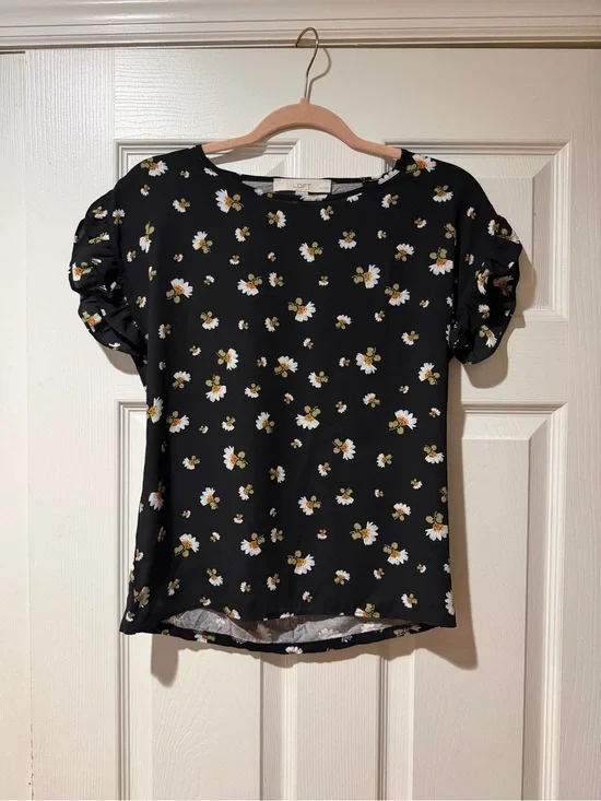 LOFT Black Daisy-Print Puff Sleeve Blouse