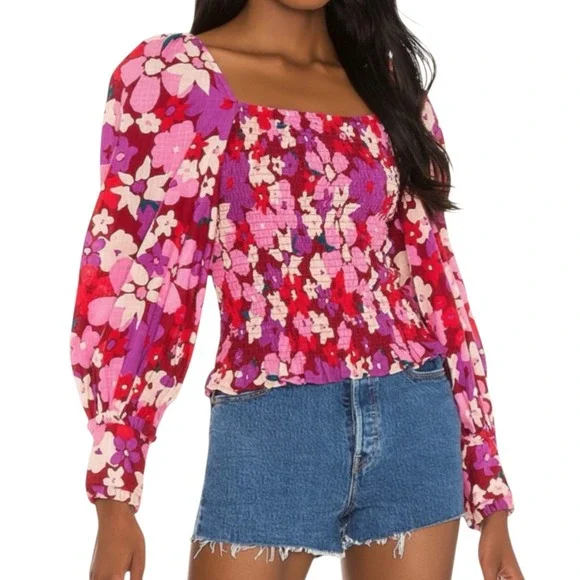 FREE PEOPLE Ariana Peasant Top PINK PARTY COMBO FLORAL Puff Sleeve Smocked SZ S