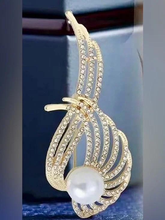 Gold-Tone Crystal & Pearl Drop Brooch Lapel Pin