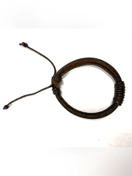 Brown leather unisex bracelet with braided rope accents and ties nsb