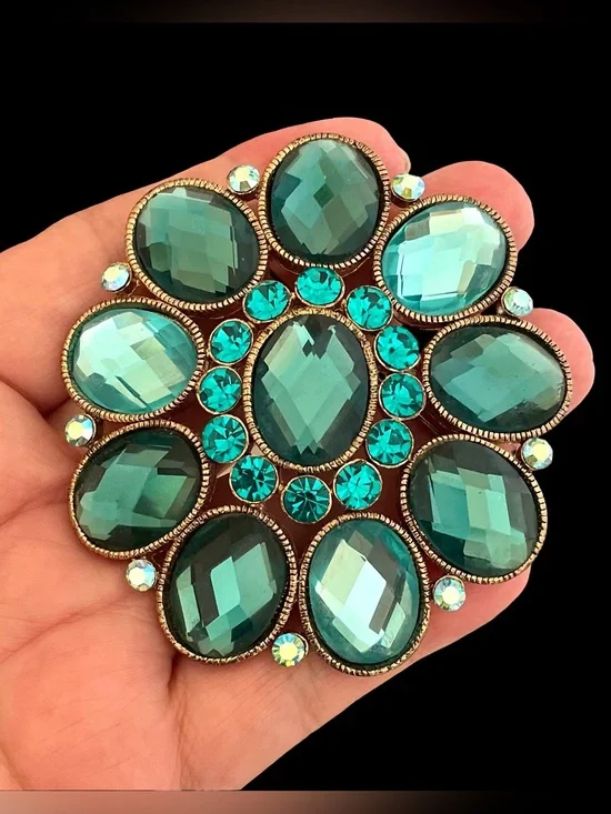 Vintage Style Aqua Turquoise Glass And AB Blue Rhinestone Brooch And Pendant