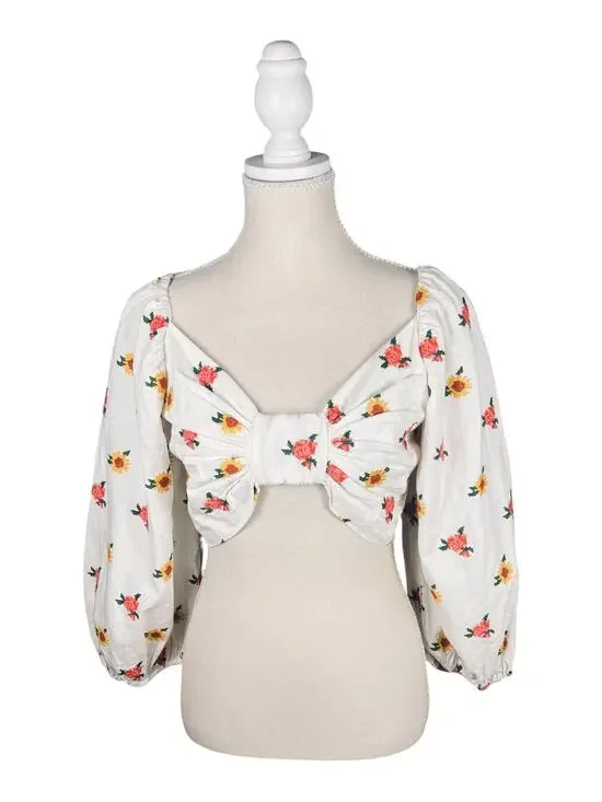 Farm Rio Mixed Cross Stitch Flowers Embroidered Crop Top Puff Sleeve Bow M NWT