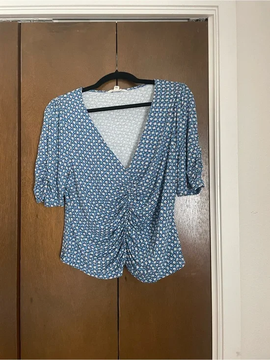Boden Blue Ruched V-Neck Puff Sleeve Blouse