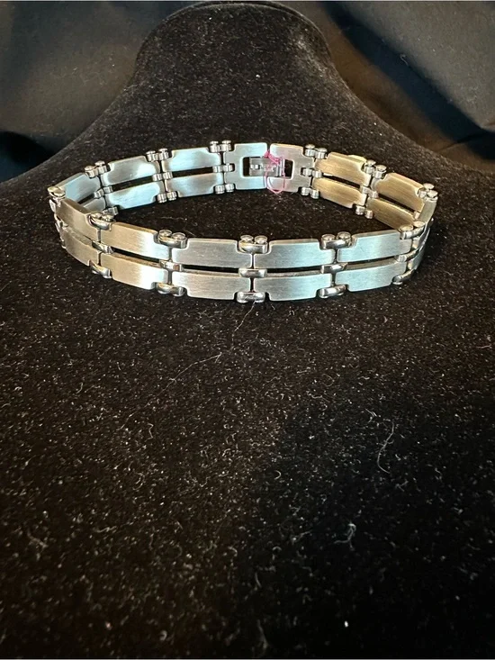 Mens Stainless Steel Open Link Dual Row Bracelet - Satin Finish