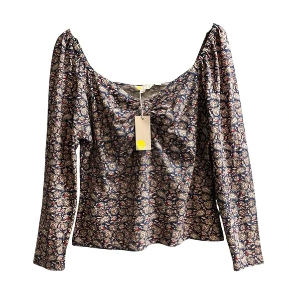 Boden Top Womens US 16 18 Blue Paisley Milkmaid Puff Sleeve Ruched V Neck Preppy