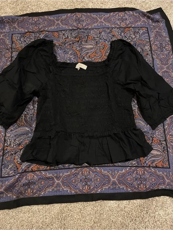 LOFT Black Smocked Peplum Puff Sleeve Blouse