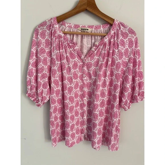 Boden Pink White Paisley Button Down Blouse Puff Sleeve Cotton Tencel US 10