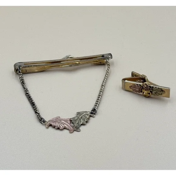 Black Hills Jewelery Co. Tie Clasp‎ & Clip Lot Gold Vintage Leaf Pattern EUC