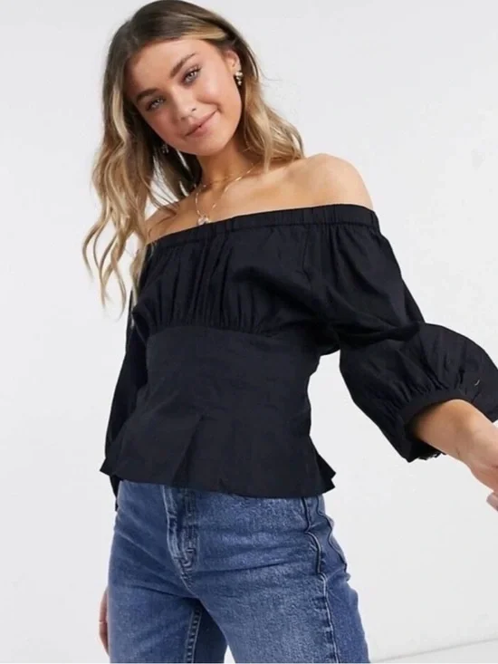 Free People Smocked Teagan Top Puff Sleeves in Black NWT Size Large