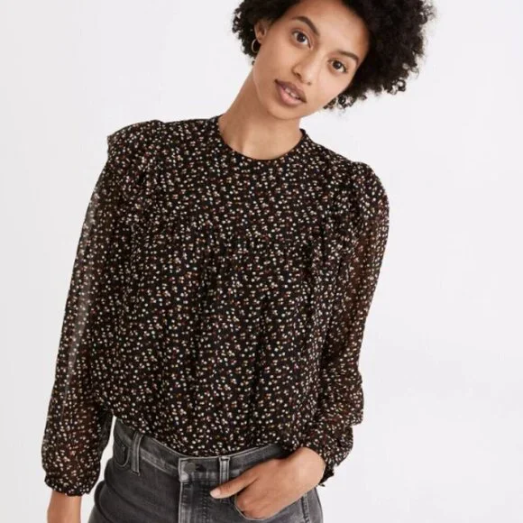 Madewell Black Ditsy Floral Georgette Mockneck Ruffle-Yoke Blouse - Size XXL