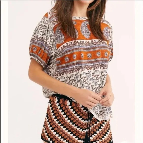 Free People Paisley Tee Slouchy Oversized Graphic Boho Festival T-Shirt Size XS